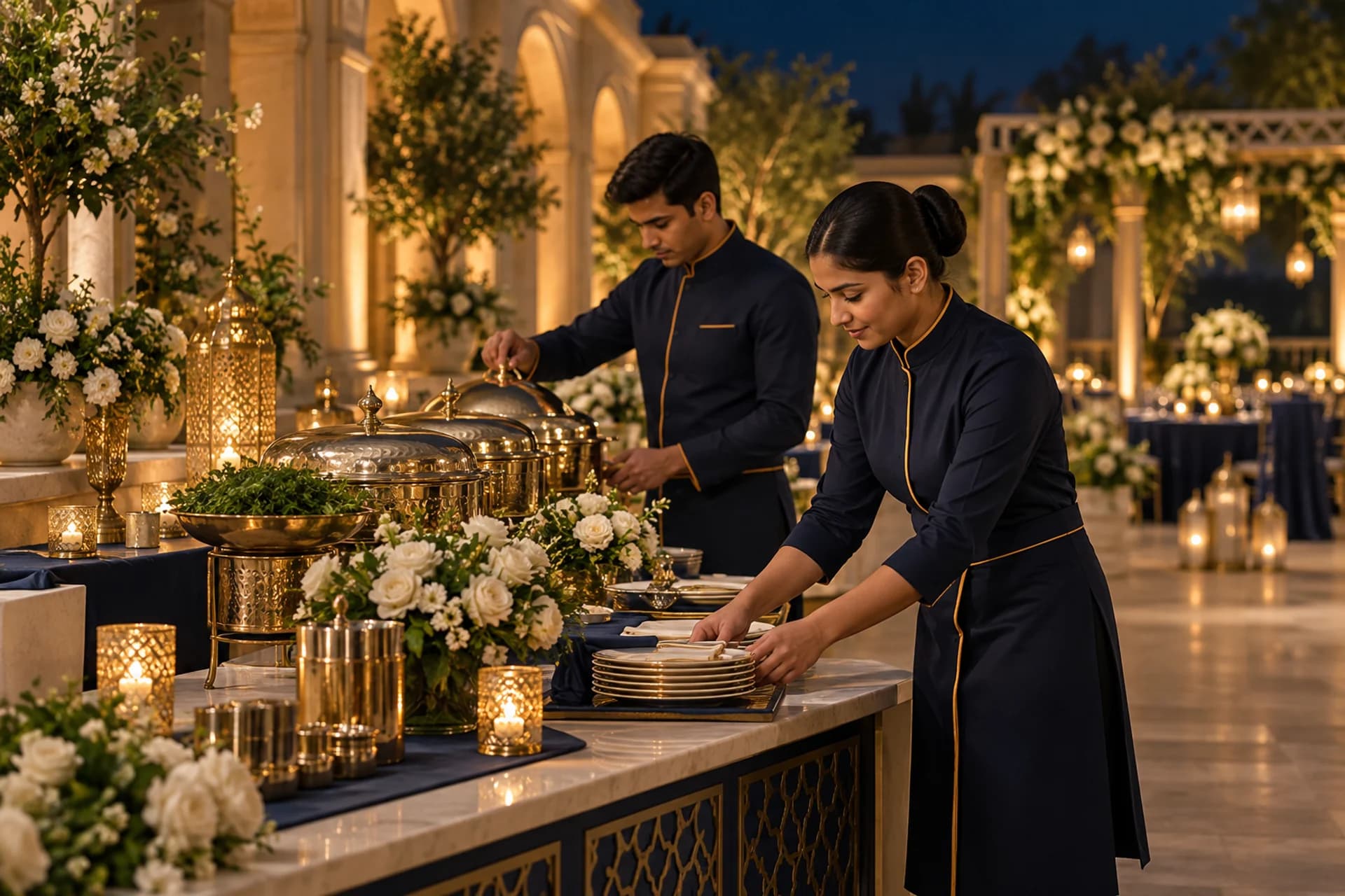 Catering team arranging an elegant evening buffet